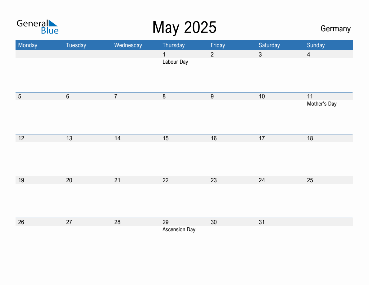 Editable May 2025 Calendar with Germany Holidays