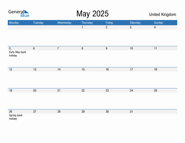 Editable May 2025 Calendar with United Kingdom Holidays