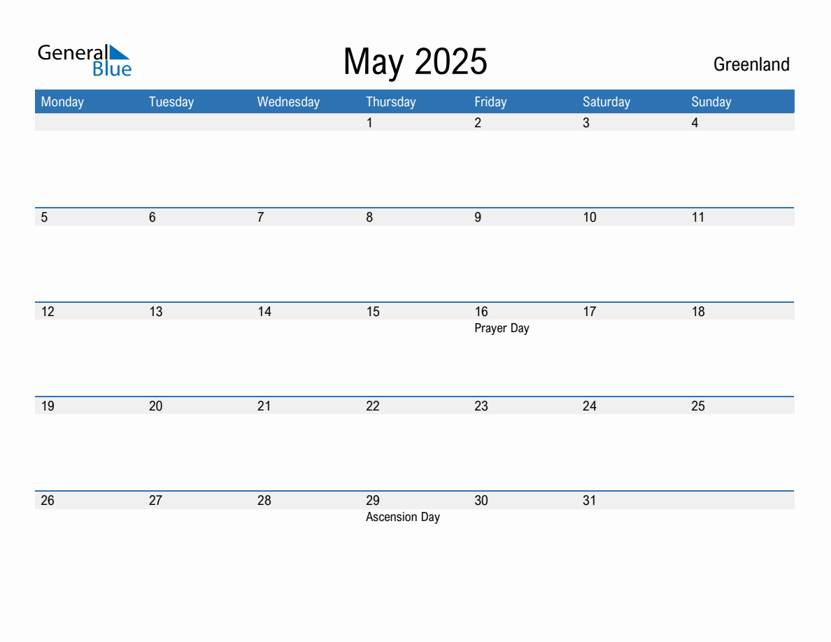 Editable May 2025 Calendar with Greenland Holidays