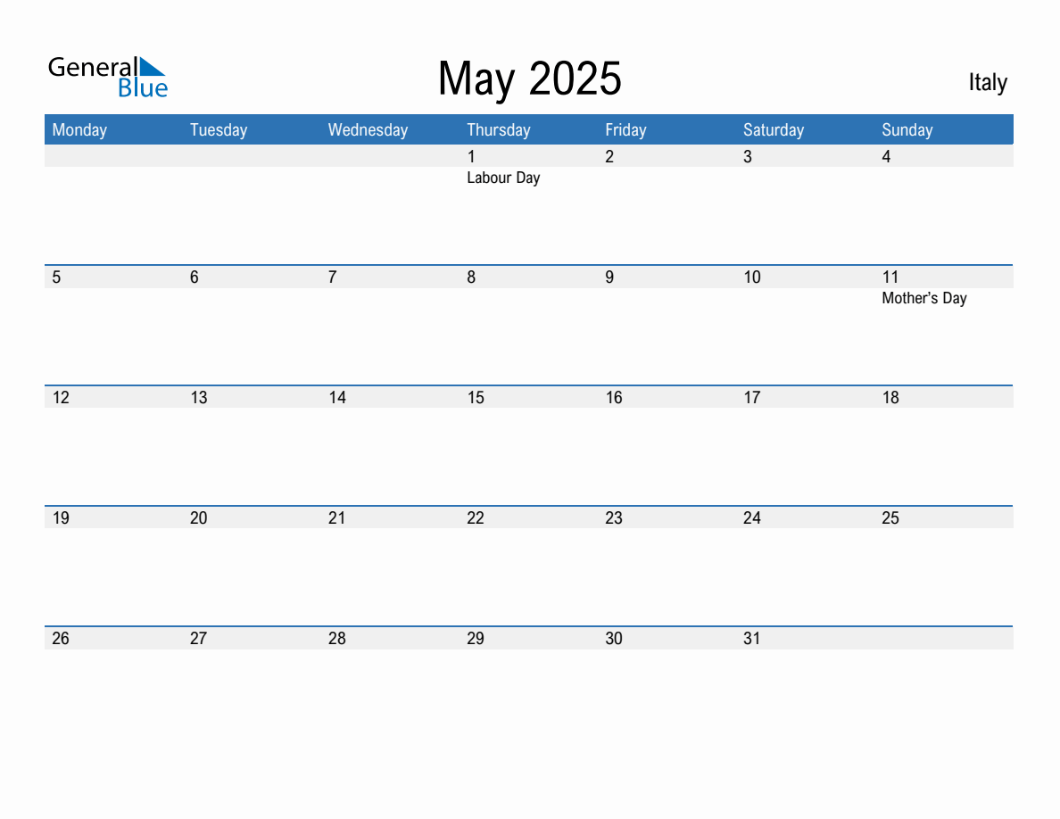 Editable May 2025 Calendar with Italy Holidays