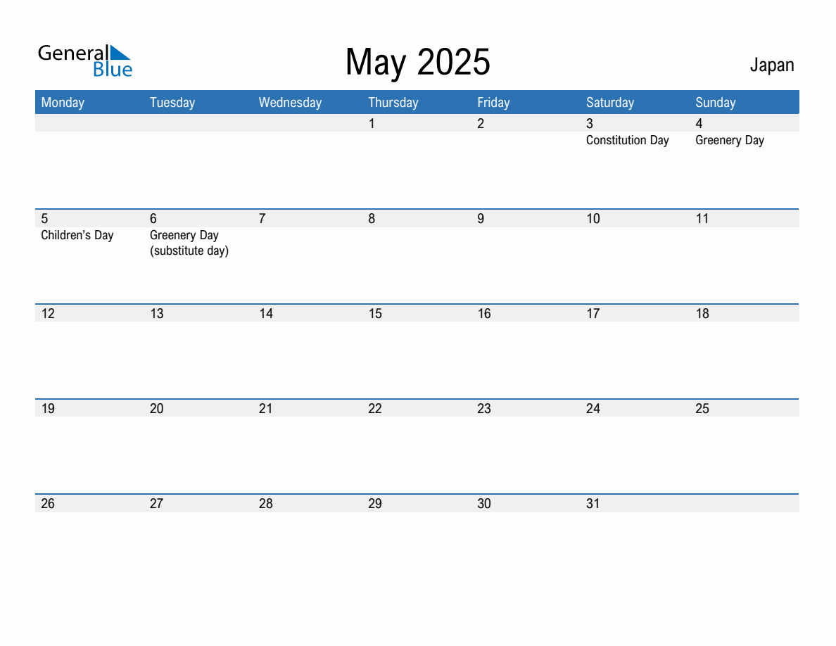 Editable May 2025 Calendar with Japan Holidays