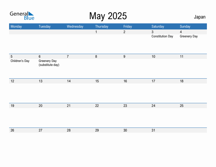 May 2025 Japan Monthly Calendar with Holidays