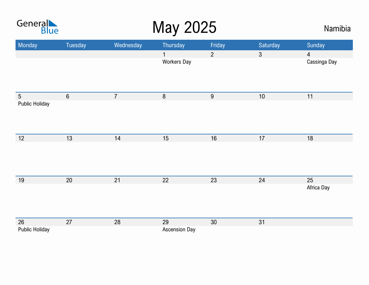 Editable May 2025 Calendar with Namibia Holidays