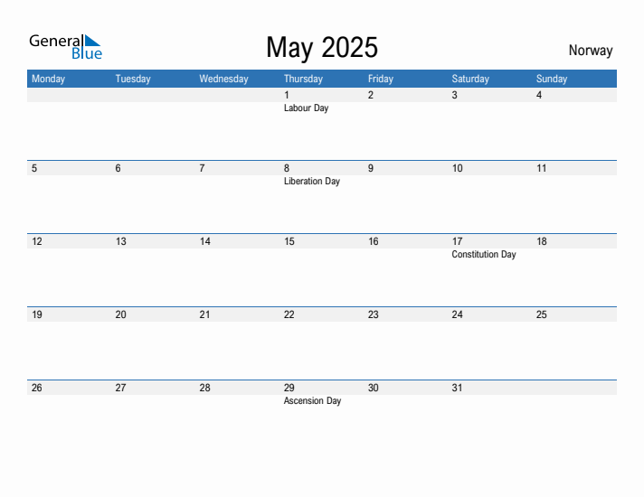 Editable May 2025 Calendar with Norway Holidays