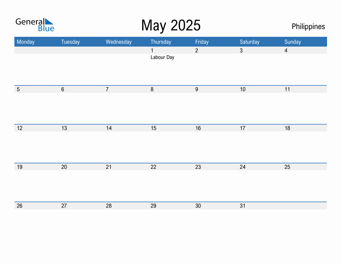 Editable May 2025 Calendar with Philippines Holidays