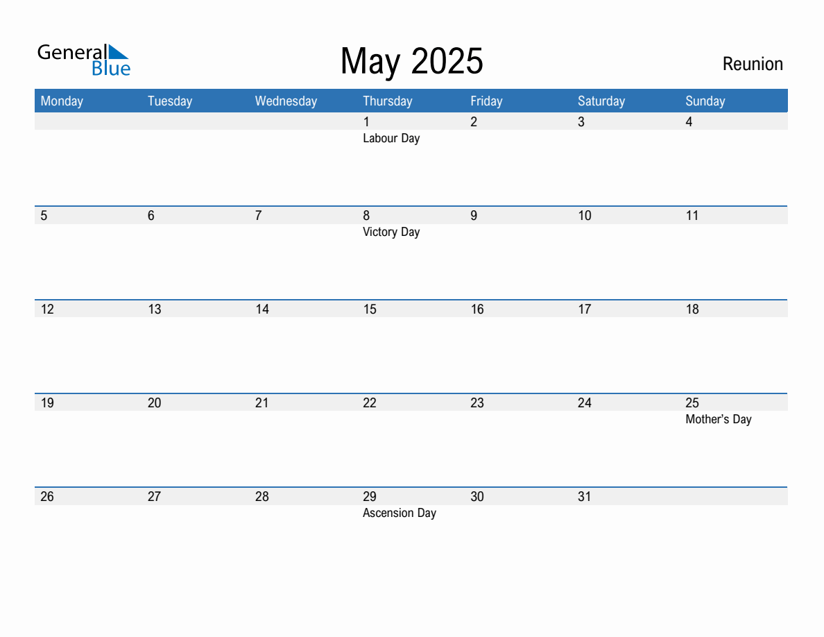 Editable May 2025 Calendar with Reunion Holidays