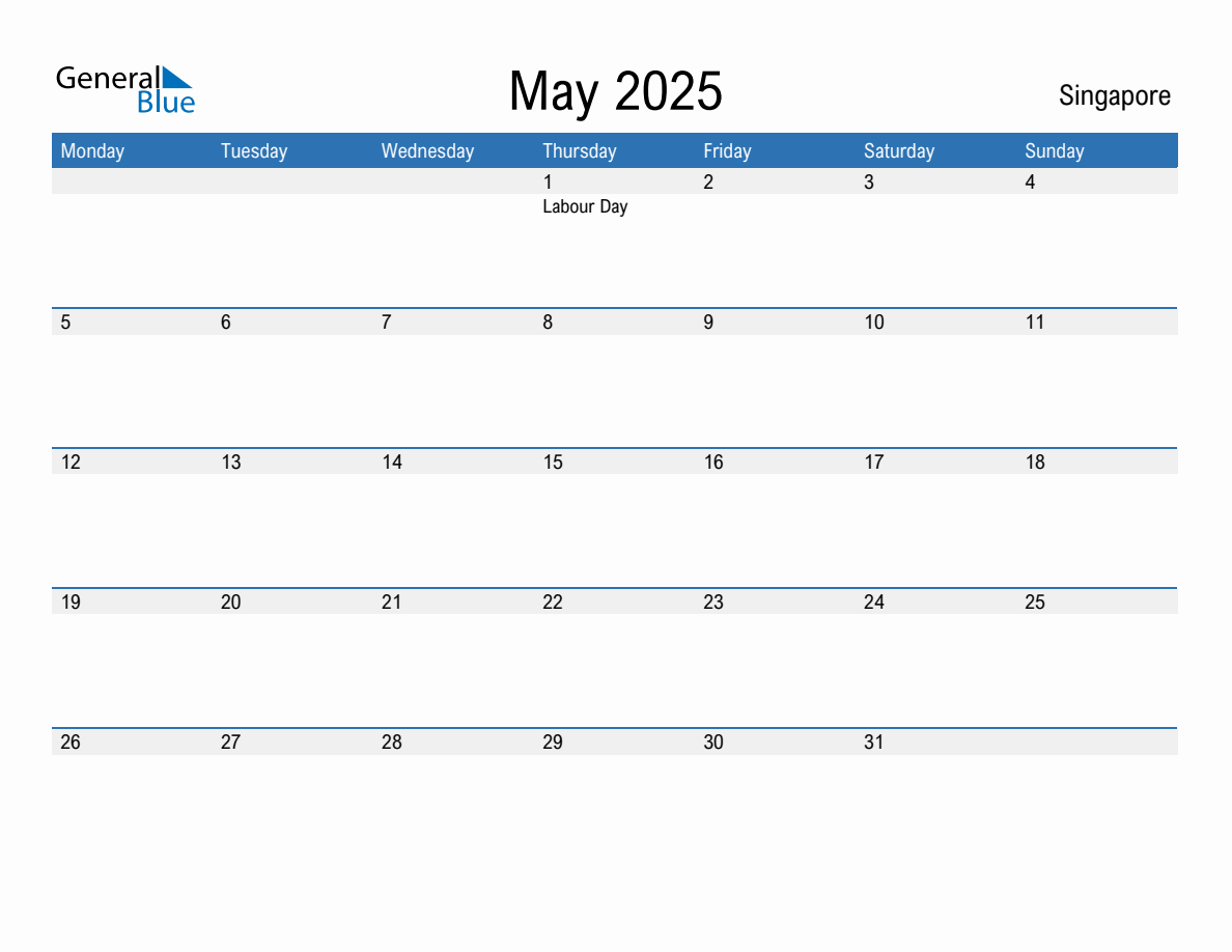 Editable May 2025 Calendar with Singapore Holidays