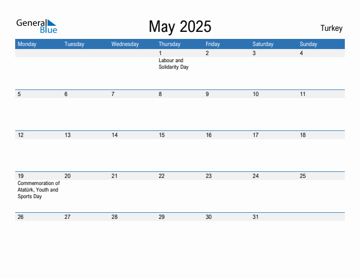 Editable May 2025 Calendar with Turkey Holidays