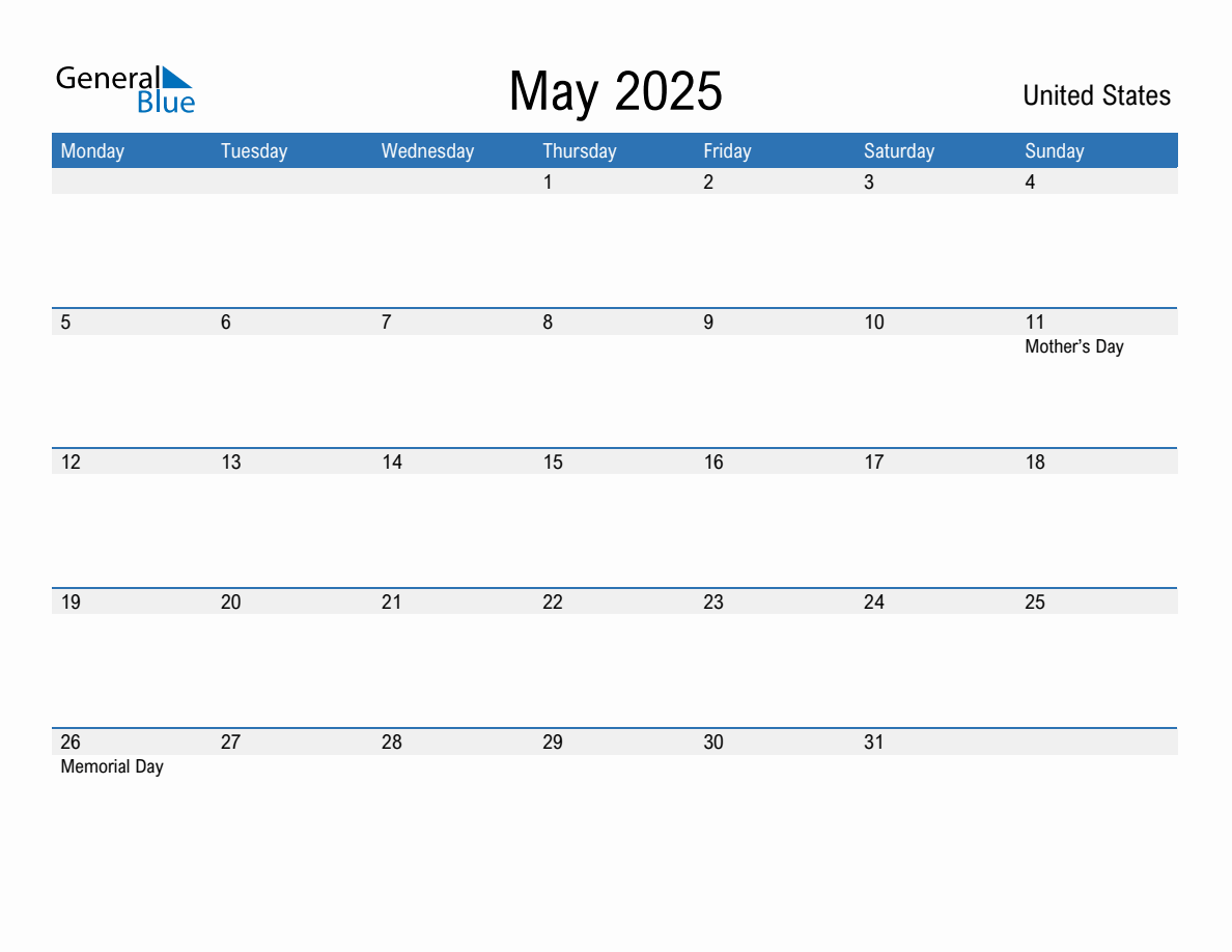 Editable May 2025 Calendar with United States Holidays