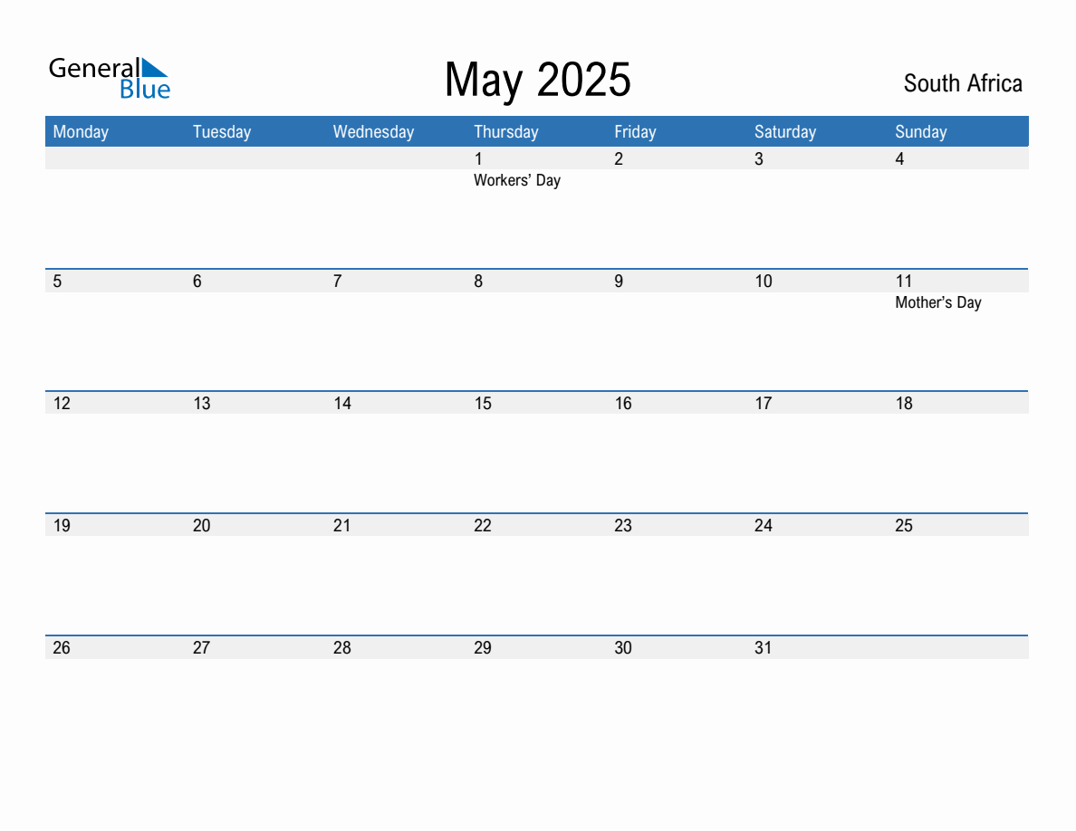 Editable May 2025 Calendar with South Africa Holidays