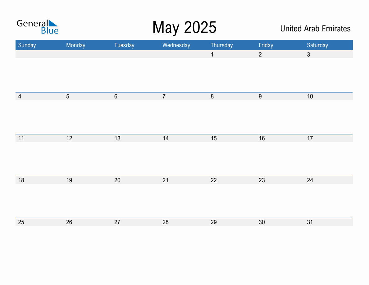 Editable May 2025 Calendar with United Arab Emirates Holidays