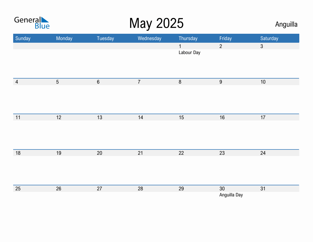 Editable May 2025 Calendar with Anguilla Holidays