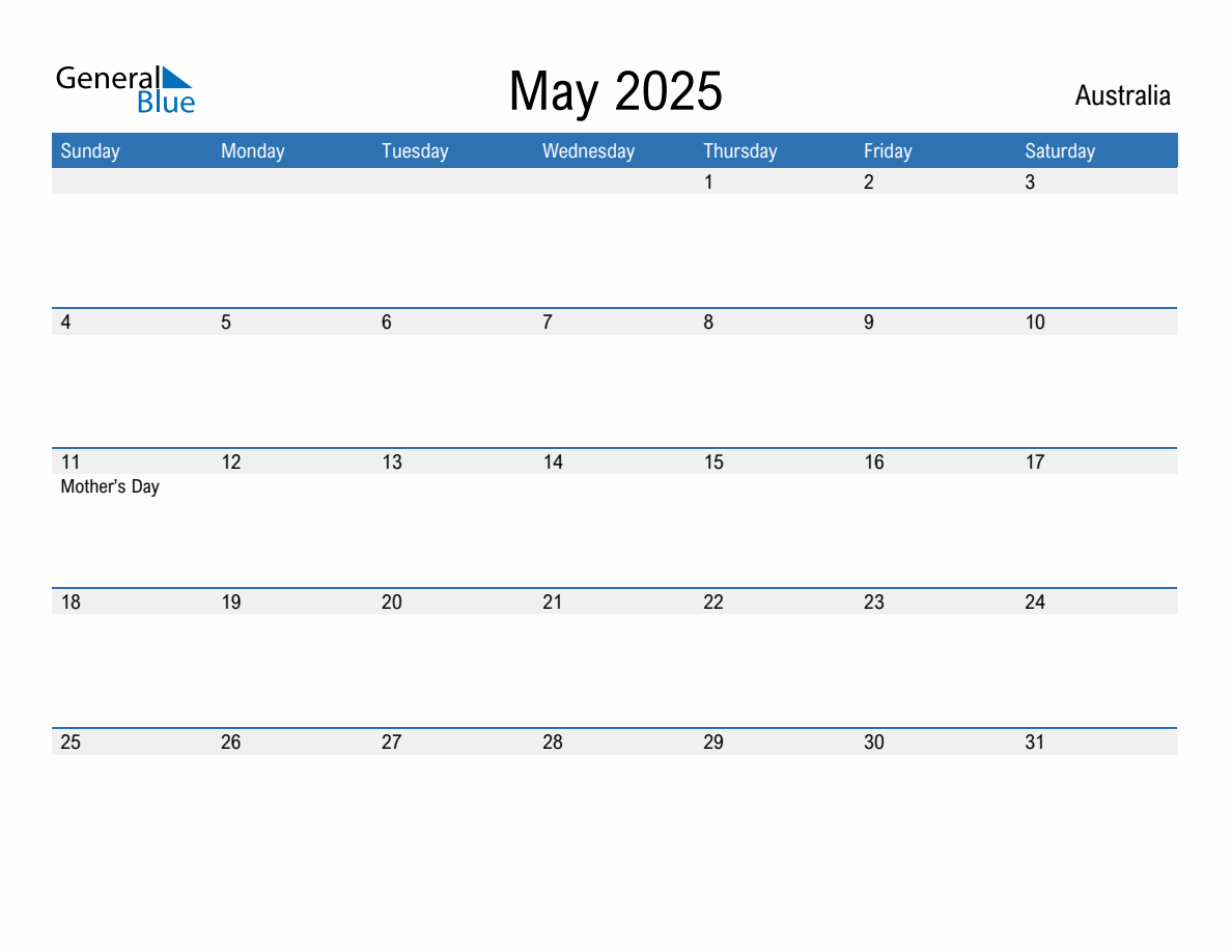 Editable May 2025 Calendar with Australia Holidays