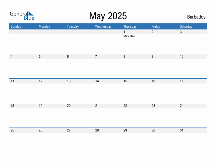 Editable May 2025 Calendar with Barbados Holidays