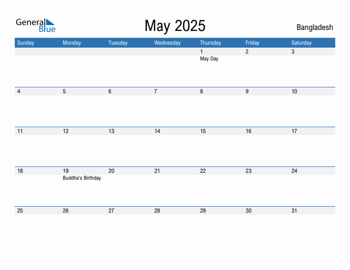 Editable May 2025 Calendar with Bangladesh Holidays