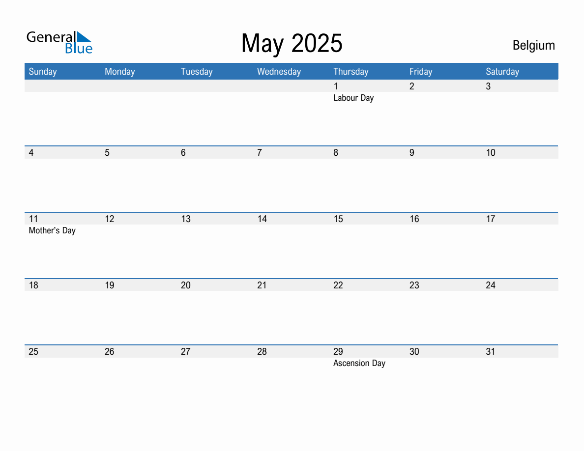 May 2025 Monthly Calendar with Belgium Holidays