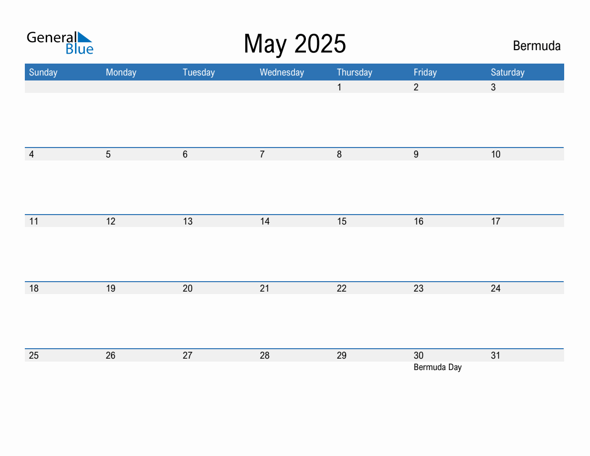 Editable May 2025 Calendar with Bermuda Holidays