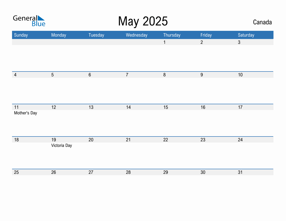 Editable May 2025 Calendar with Canada Holidays