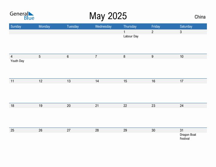 Editable May 2025 Calendar with China Holidays