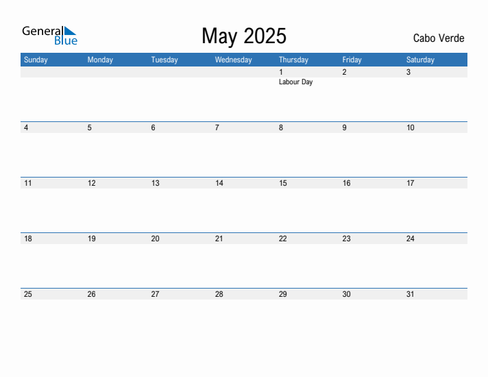 Editable May 2025 Calendar with Cabo Verde Holidays