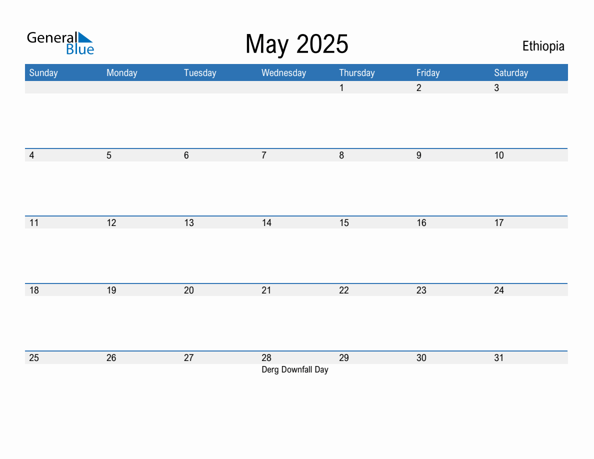 Editable May 2025 Calendar with Ethiopia Holidays