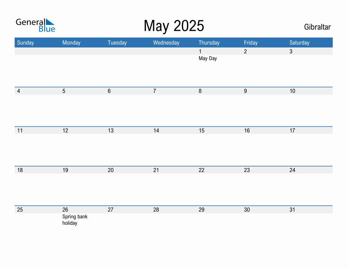 Editable May 2025 Calendar with Gibraltar Holidays