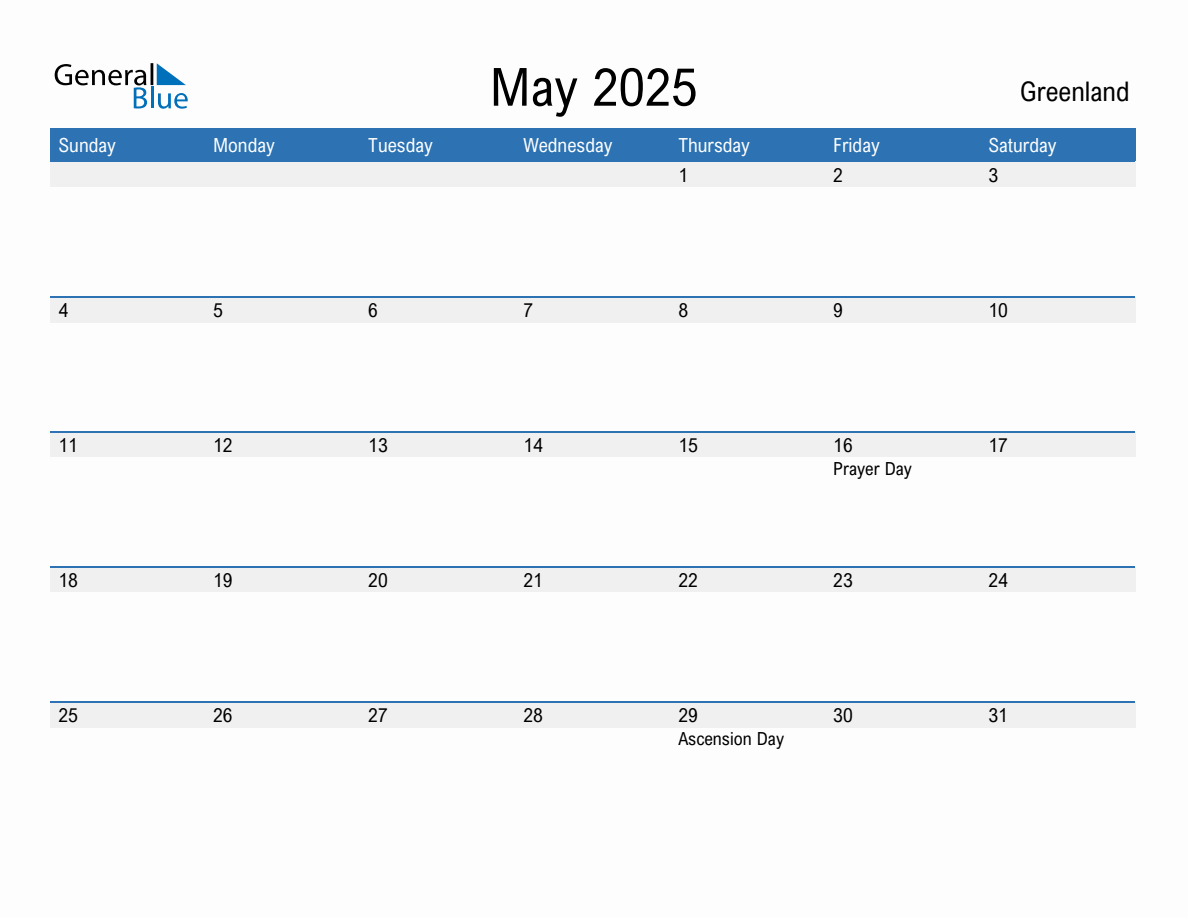 Editable May 2025 Calendar with Greenland Holidays