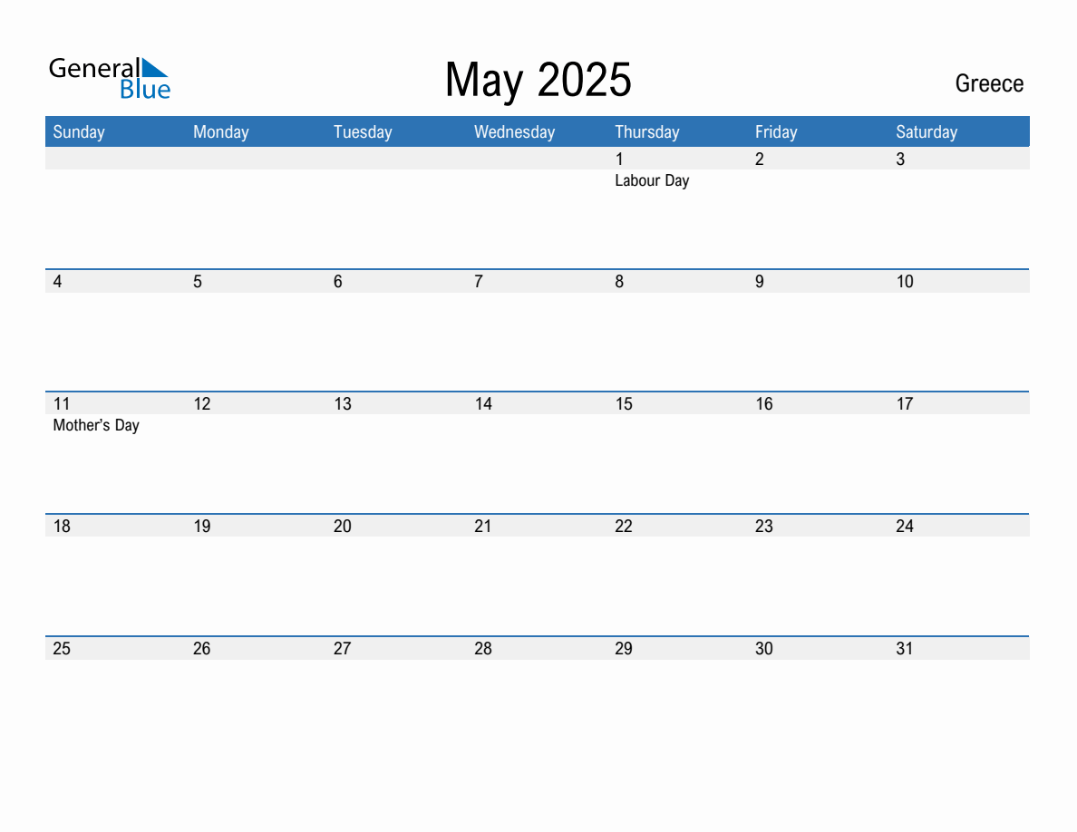 Editable May 2025 Calendar with Greece Holidays