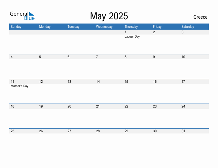 Editable May 2025 Calendar with Greece Holidays