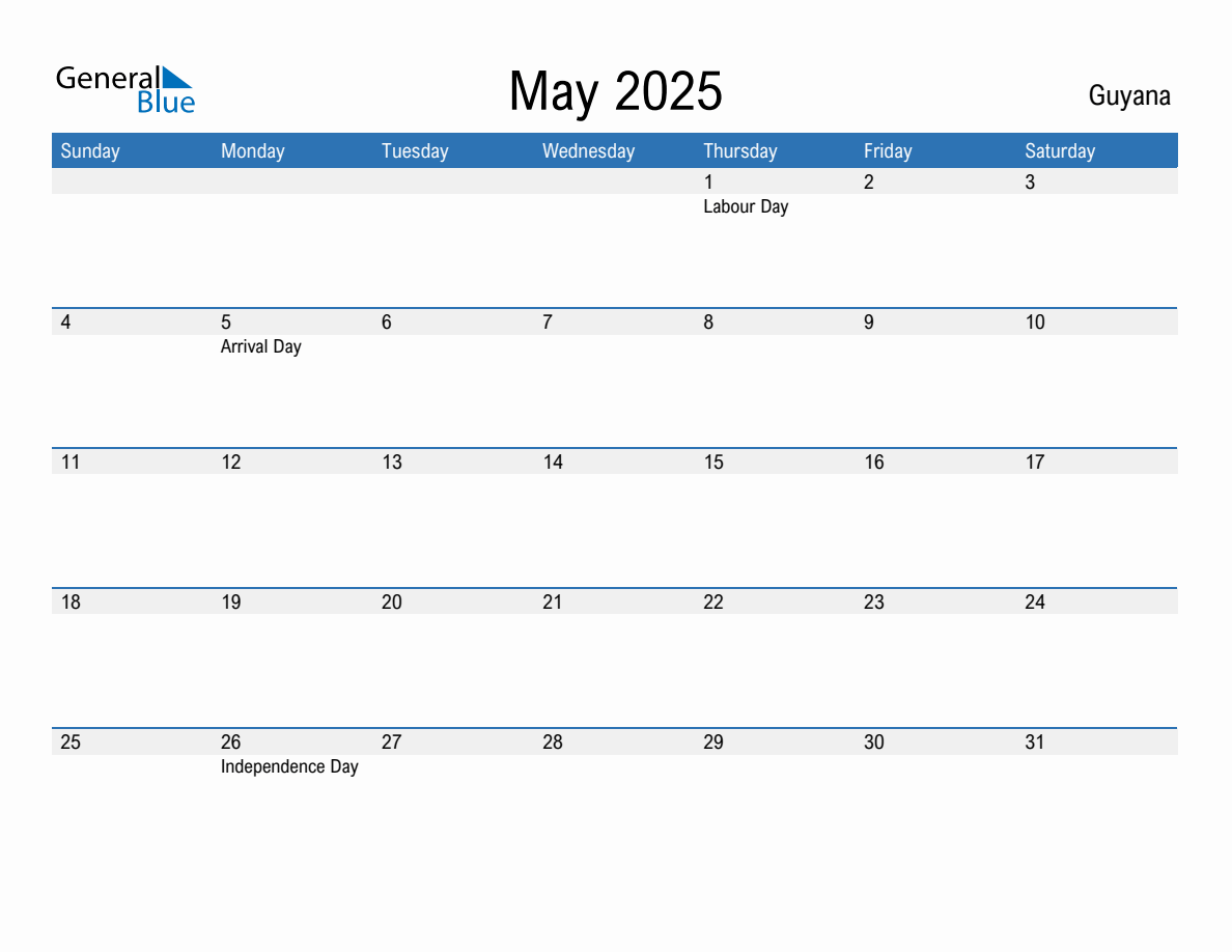 Editable May 2025 Calendar with Guyana Holidays