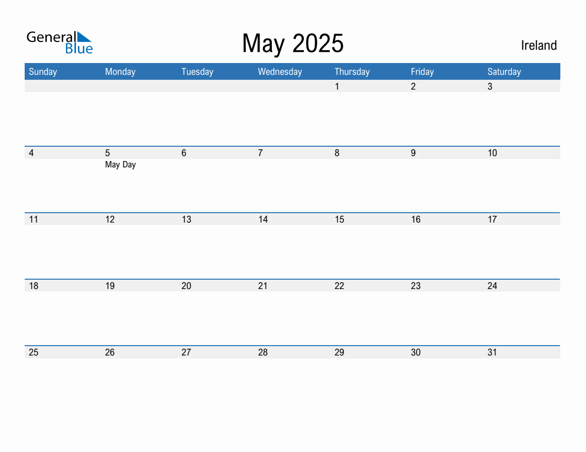 May 2025 Monthly Calendar with Ireland Holidays