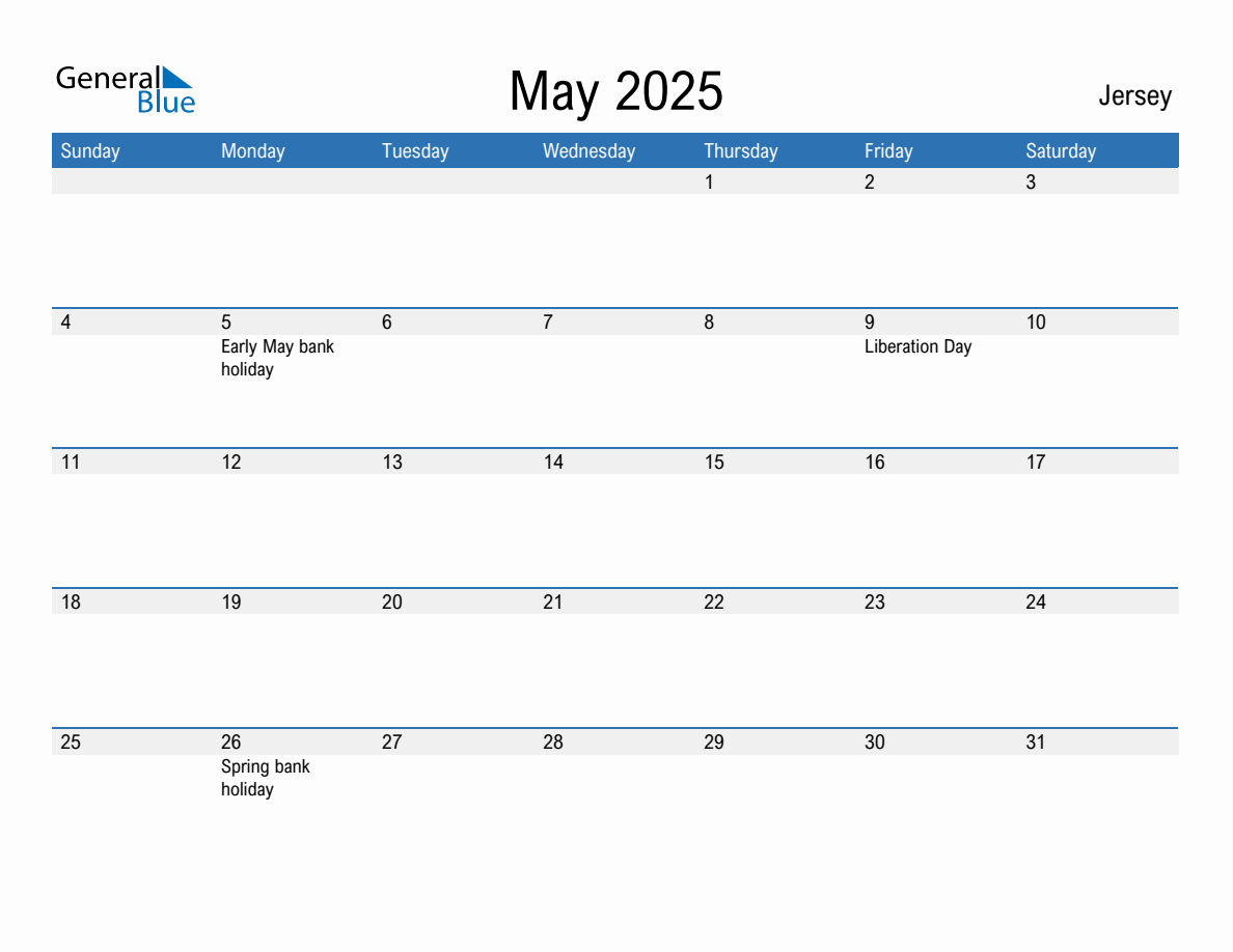 Editable May 2025 Calendar with Jersey Holidays