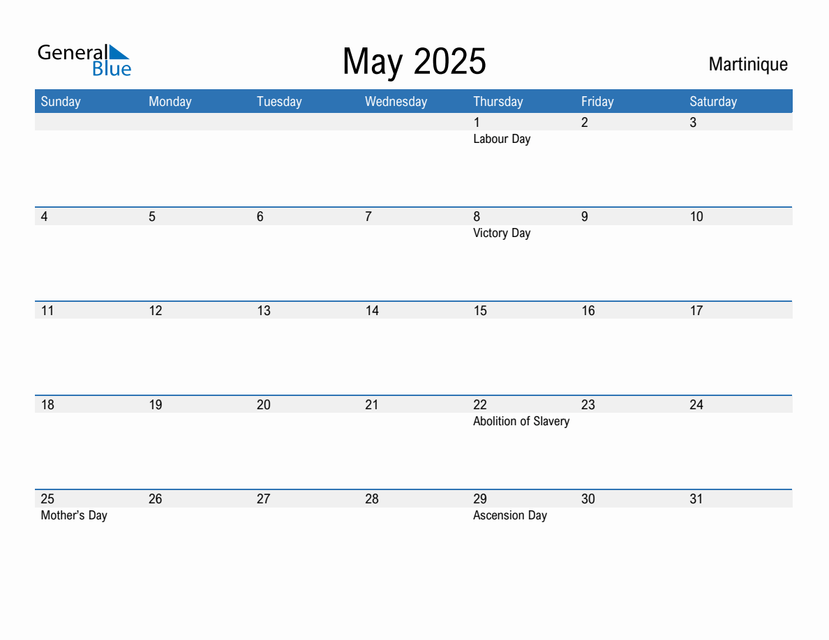 Editable May 2025 Calendar with Martinique Holidays