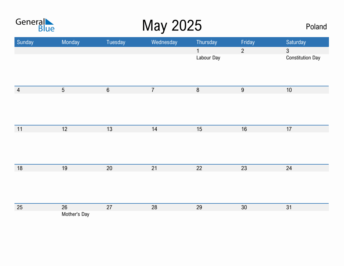 May 2025 Monthly Calendar with Poland Holidays