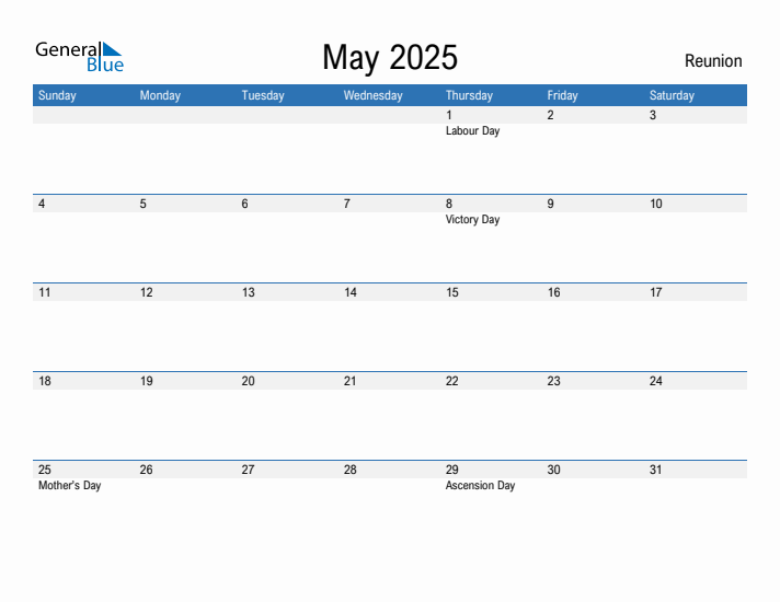 Editable May 2025 Calendar with Reunion Holidays