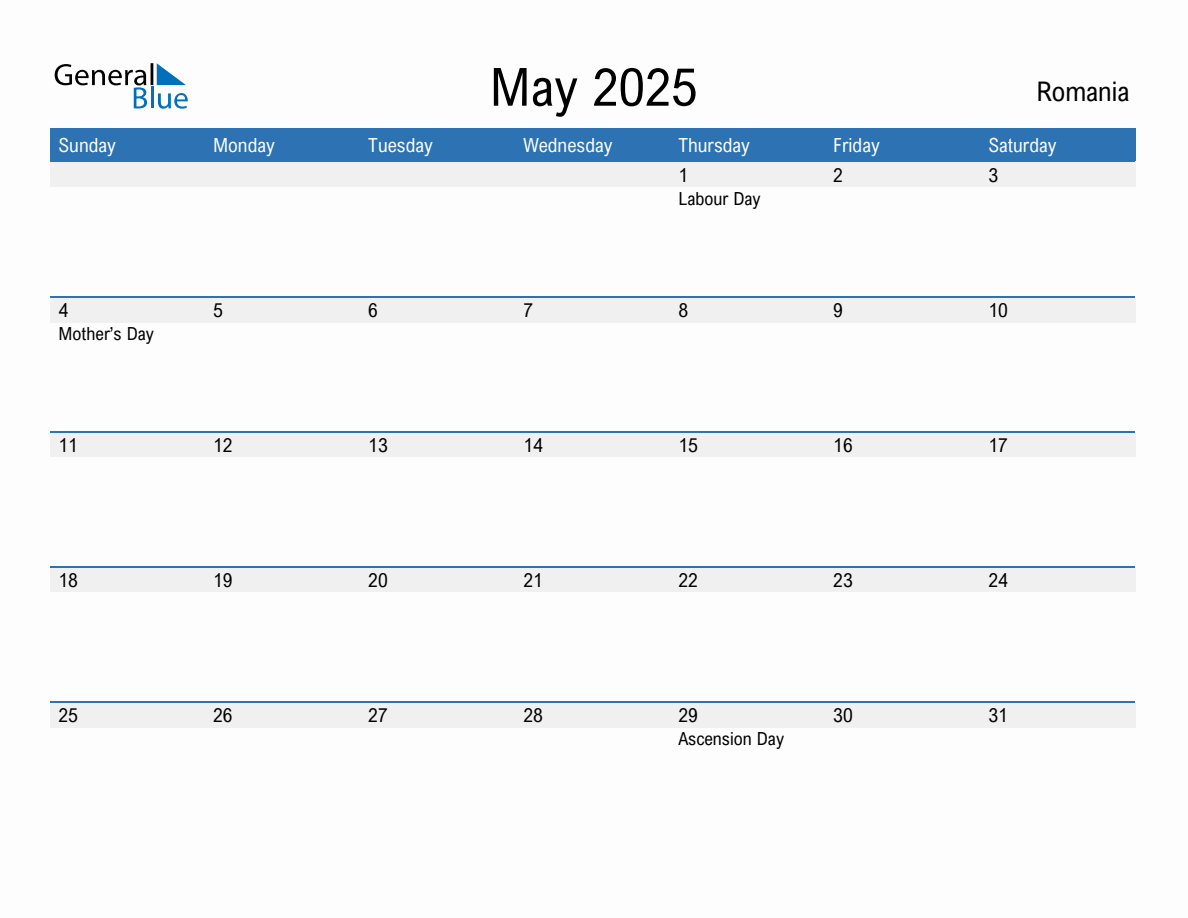 Editable May 2025 Calendar with Romania Holidays