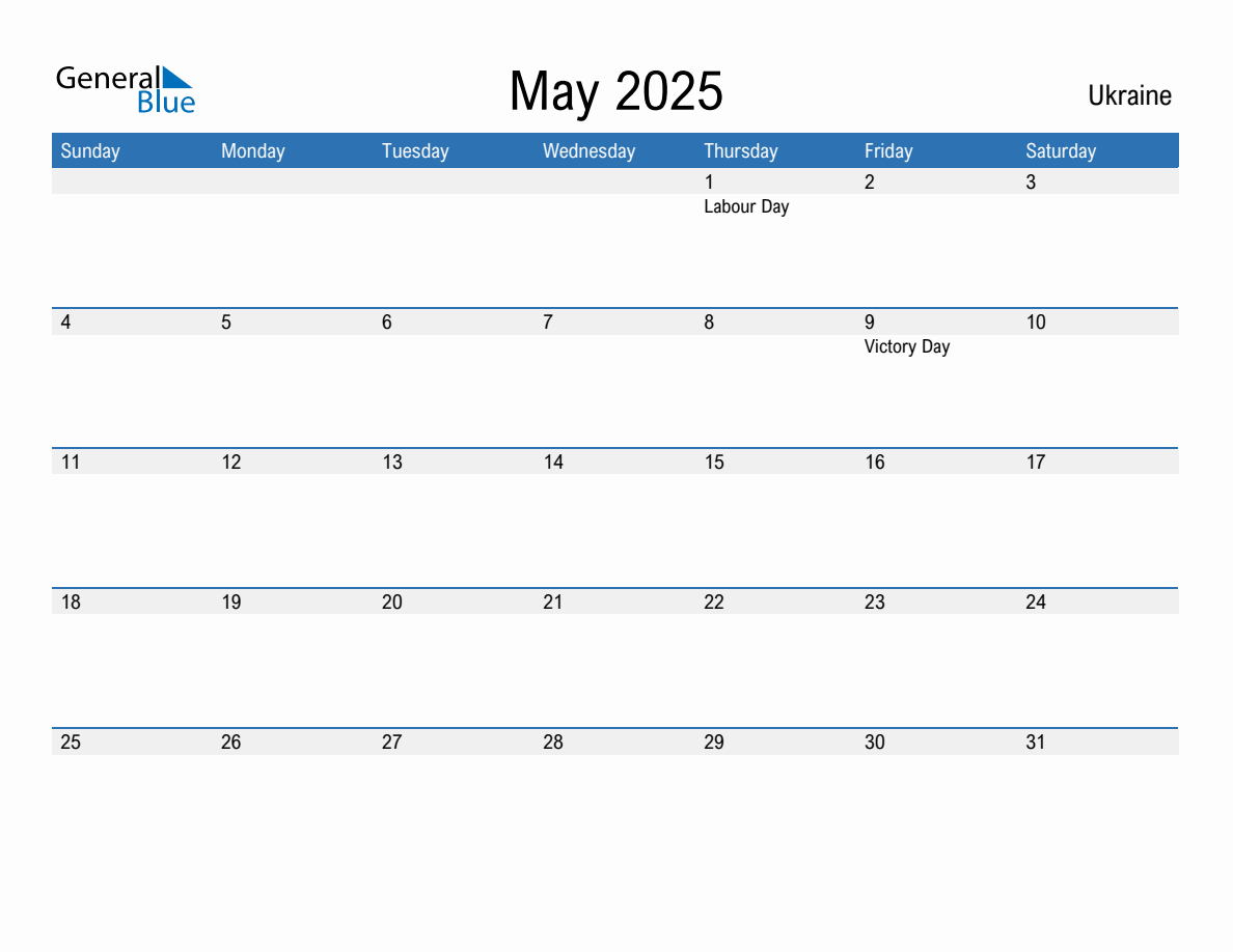 Editable May 2025 Calendar with Ukraine Holidays