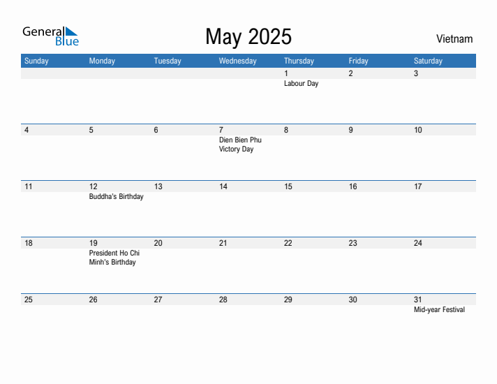 Editable May 2025 Calendar with Vietnam Holidays