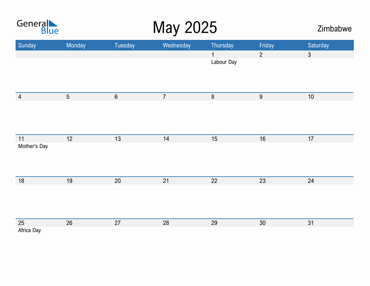 Editable May 2025 Calendar with Zimbabwe Holidays