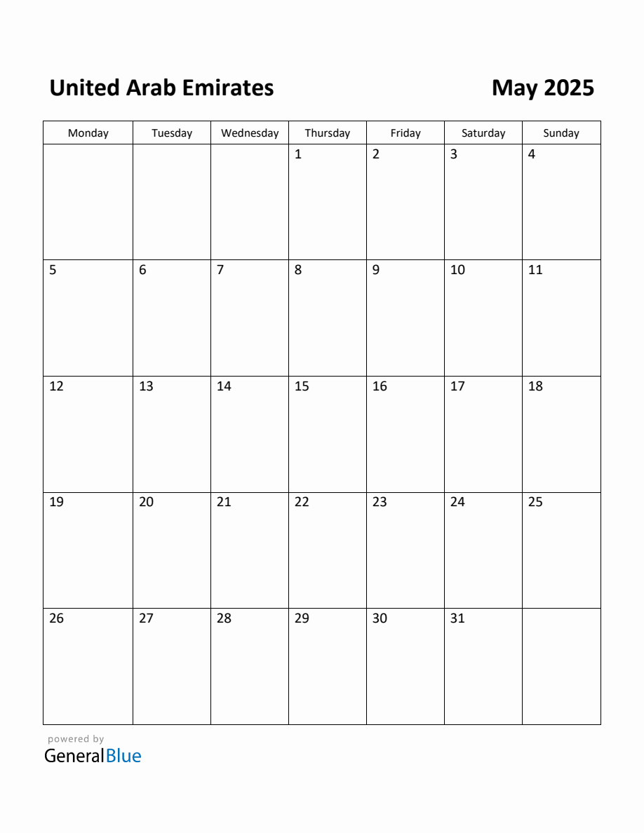 Free Printable May 2025 Calendar for United Arab Emirates