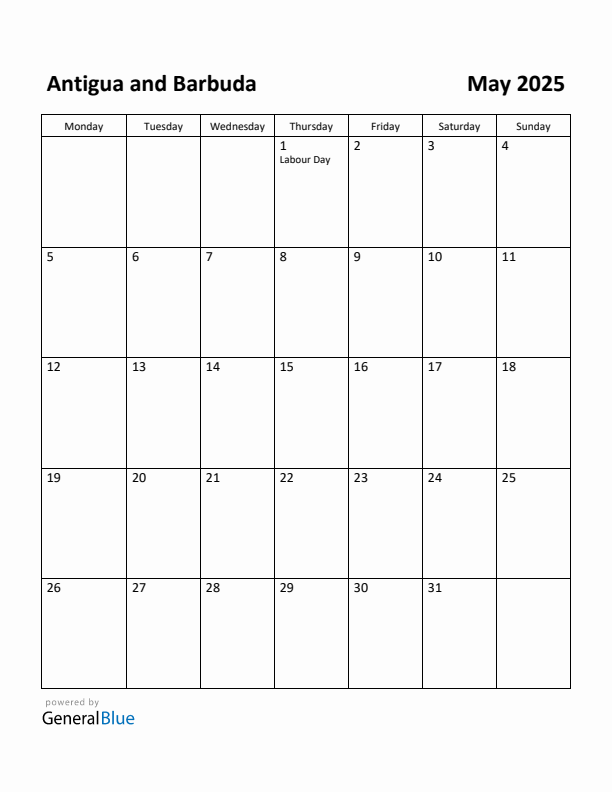 May 2025 Calendar with Antigua and Barbuda Holidays