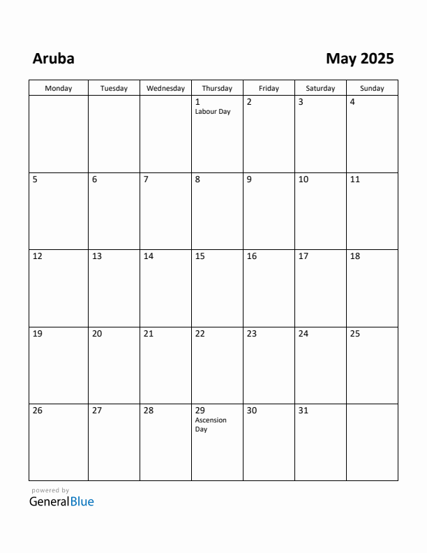 May 2025 Calendar with Aruba Holidays