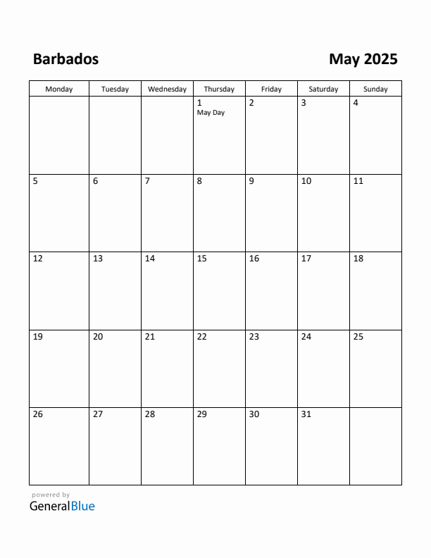 May 2025 Calendar with Barbados Holidays