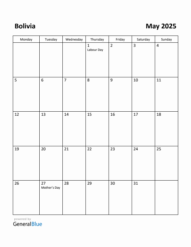 May 2025 Calendar with Bolivia Holidays