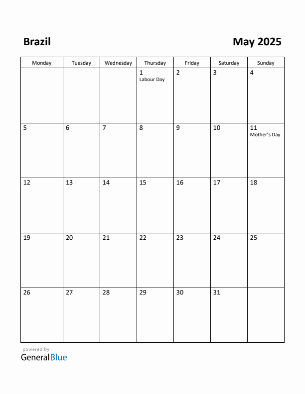 May 2025 Calendar with Brazil Holidays
