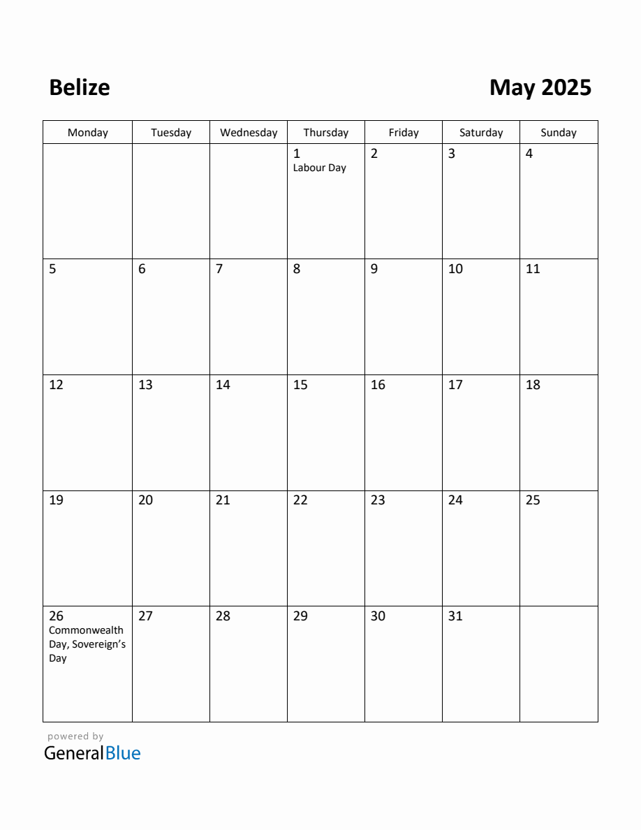 Free Printable May 2025 Calendar for Belize