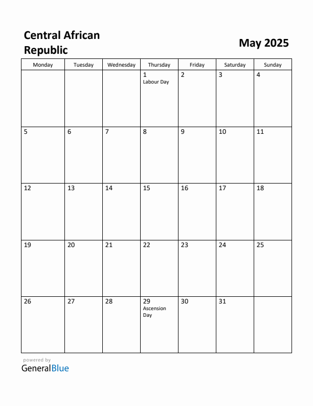 May 2025 Calendar with Central African Republic Holidays