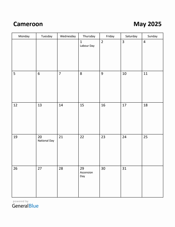Free Printable May 2025 Calendar for Cameroon
