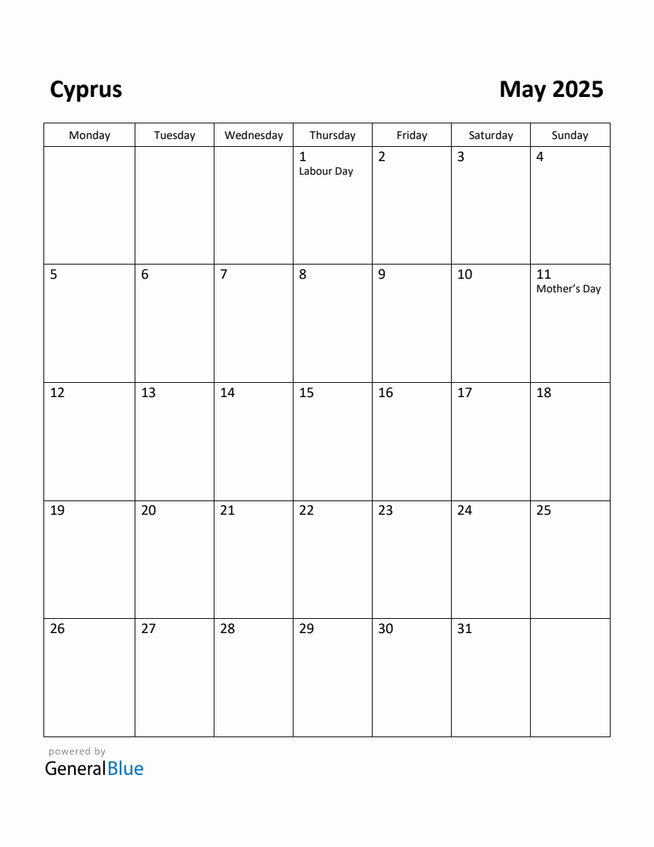 Free Printable May 2025 Calendar for Cyprus