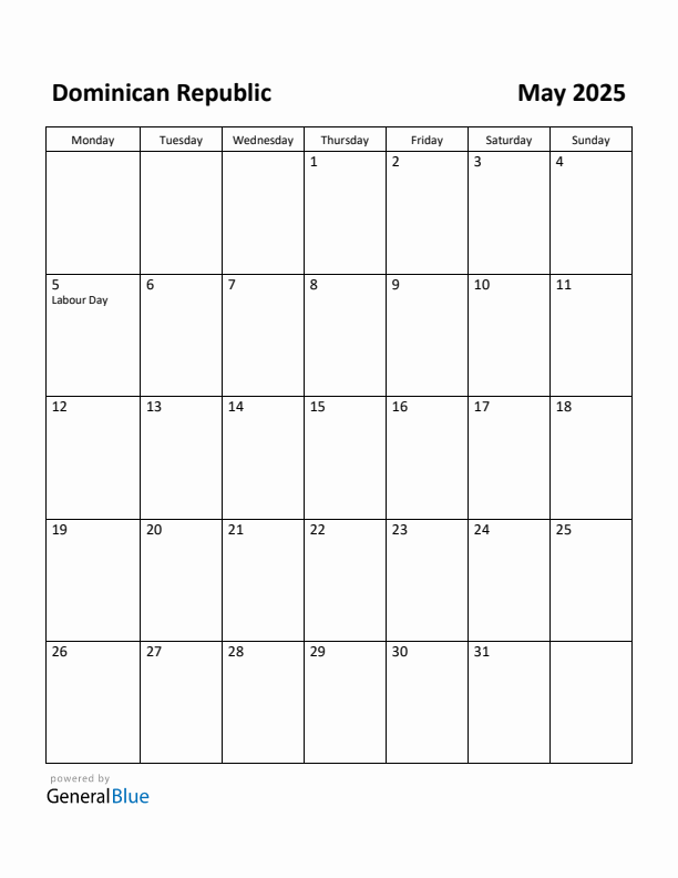 Free Printable May 2025 Calendar for Dominican Republic